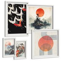 BILDER SET 5er Set - 50x50 cm & 20x30 cm & 40x60 cm Weißer Rahmen - Asiatische Landschaften Japandi - Weiß, Kunststoff (40/60cm) - TULUP