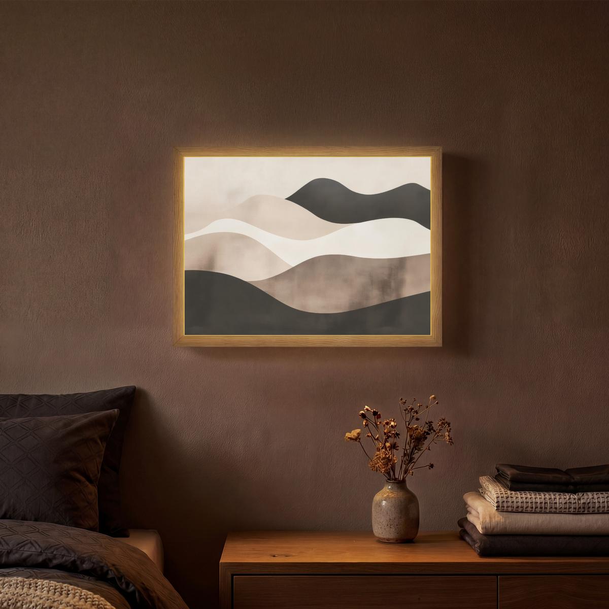 WANDLEUCHTE MIT AKKU Abstrakt - Landschaft - Wellen - Cremefarben 40x30 cm - Graubraun, Holzwerkstoff (40/30/8cm) - OnlyWow
