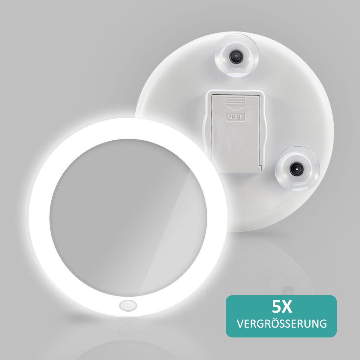 KOSMETIKSPIEGEL mit Licht mit Saugnapf 5X Vergrößerung Weiß ф16,5 cm - Weiß, Glas (16.5/16.5/16.5cm) - EMKE