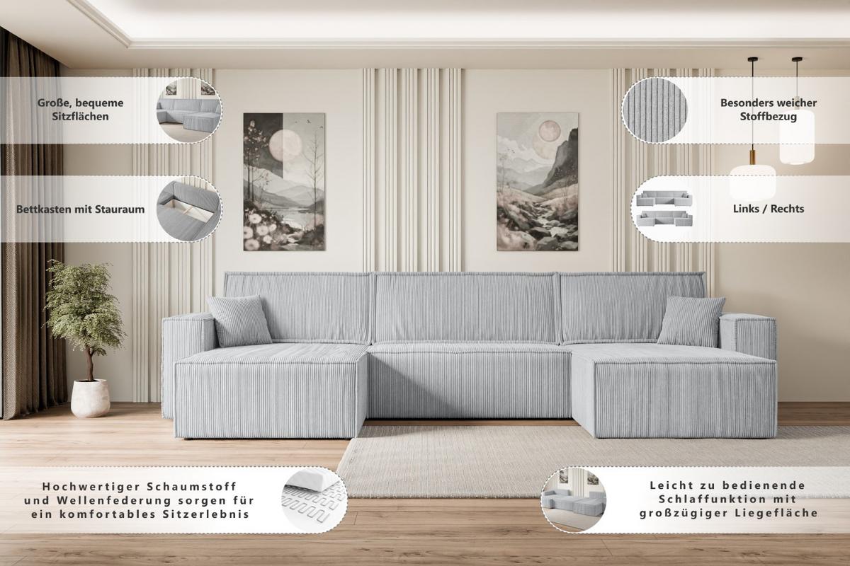 WOHNLANDSCHAFT mit Schlaffunktion und Bettkasten CELTIC-XLU - 377x143x83 cm Grau Bouclé - Schwarz/Grau, Holzwerkstoff/Kunststoff (377/83/143cm) - ALTDECOR