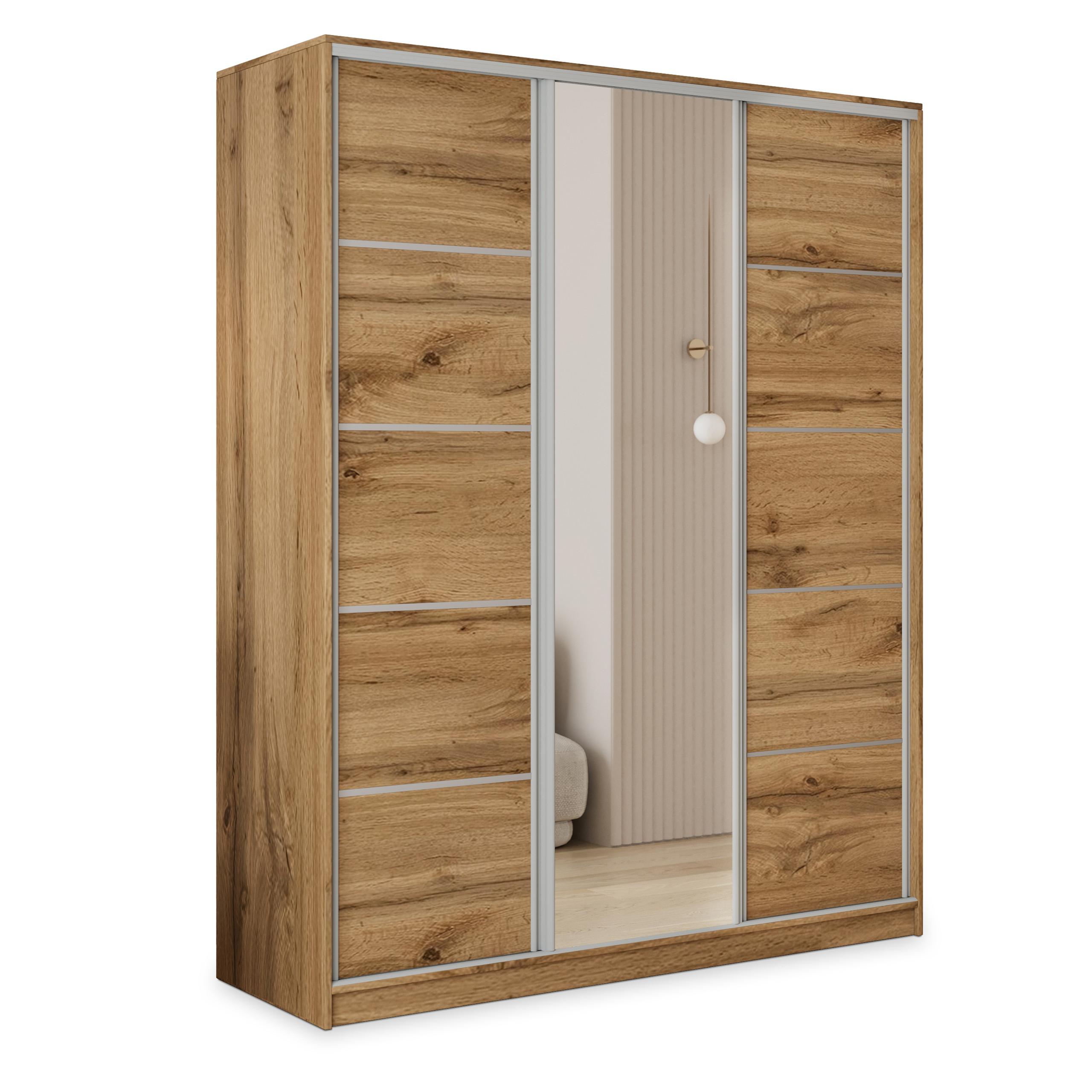 SCHWEBETÜRENSCHRANK PINA 150/205/58 cm 3-türig mit Spiegel und Schubladen Eiche Wotan - Eiche Wotan/Silberfarben, Holzwerkstoff (150/205/58cm) - MASSENO