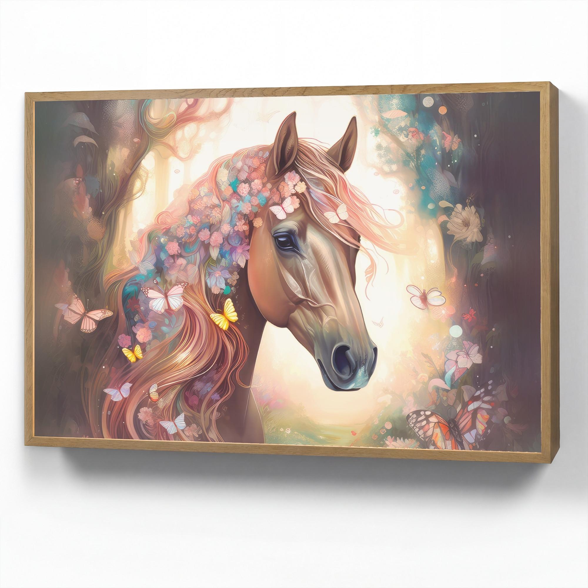 WANDLEUCHTE MIT AKKU Pferd - Natur - Blumen - Schmetterlinge - Wald 90x60 cm - Dunkelbraun, Holzwerkstoff (90/60/8cm) - OnlyWow