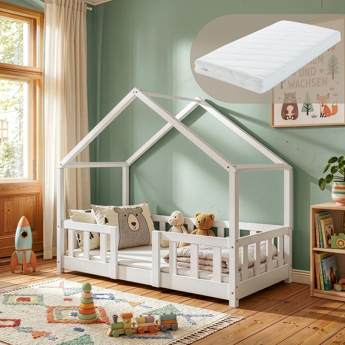 HAUSBETT Treviolo mit Matratze - Weiß, Holz/Textil (70/140cm) - [en.casa]