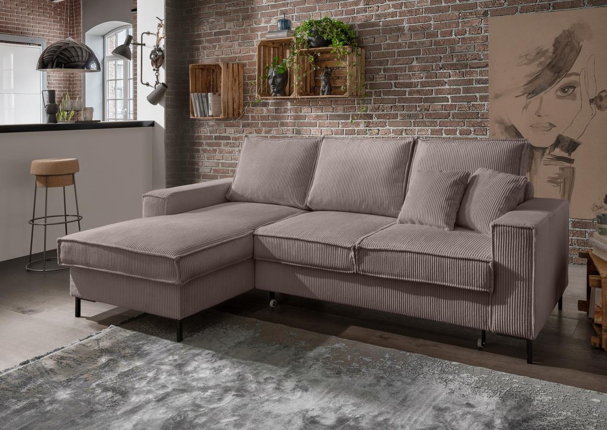 ECKSOFA mit Schlaffunktion, Bettkasten, Wellenunterfederung, Récamiere links B240/T150/H92 cm, Liegefl. 125x198 cm, Cord Braun Taupe / 17225 - Schwarz/Braun, Textil/Metall (240/150cm) - luma-home