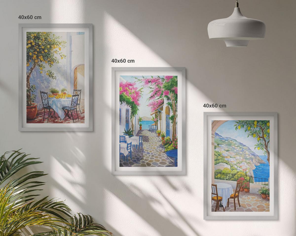 BILDER SET 3er Set - 40x60 cm Silberner Rahmen - Charmante Straßen, Pflanzen, Meer - Silberfarben, Kunststoff (40/60cm) - TULUP