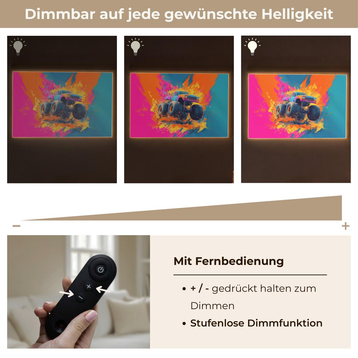NACHTTISCHLAMPE MIT AKKU Monstertruck - Abstrakt - Farbspritzer - Farbenfroh 100x70 cm - Pink, Holzwerkstoff (8/100/70cm) - OnlyWow