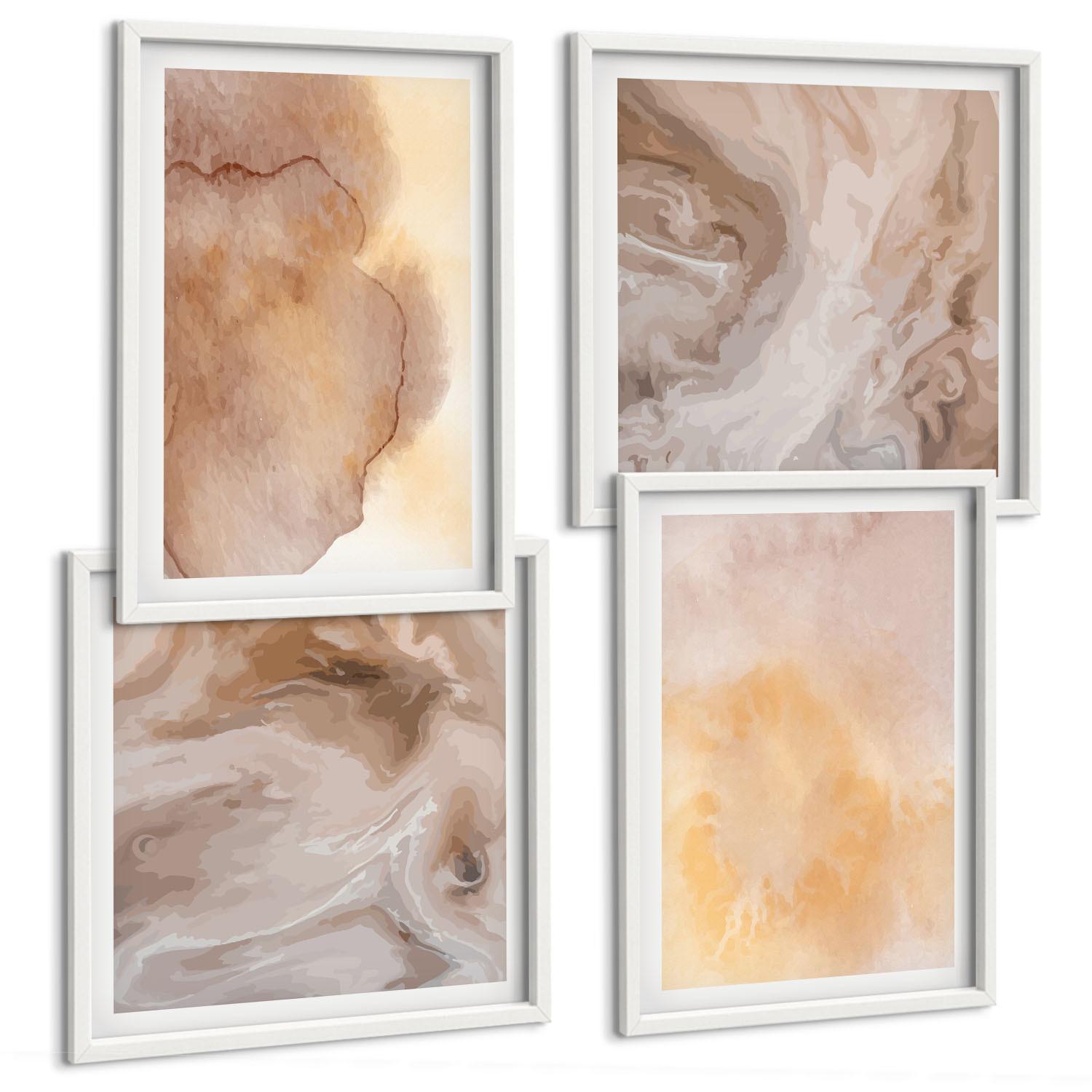 BILDER SET 4er Set - 50x50 cm & 40x60 cm Weißer Rahmen - Warme Aquarellfarben auf Leinwand - Weiß, Kunststoff (50/50cm) - TULUP