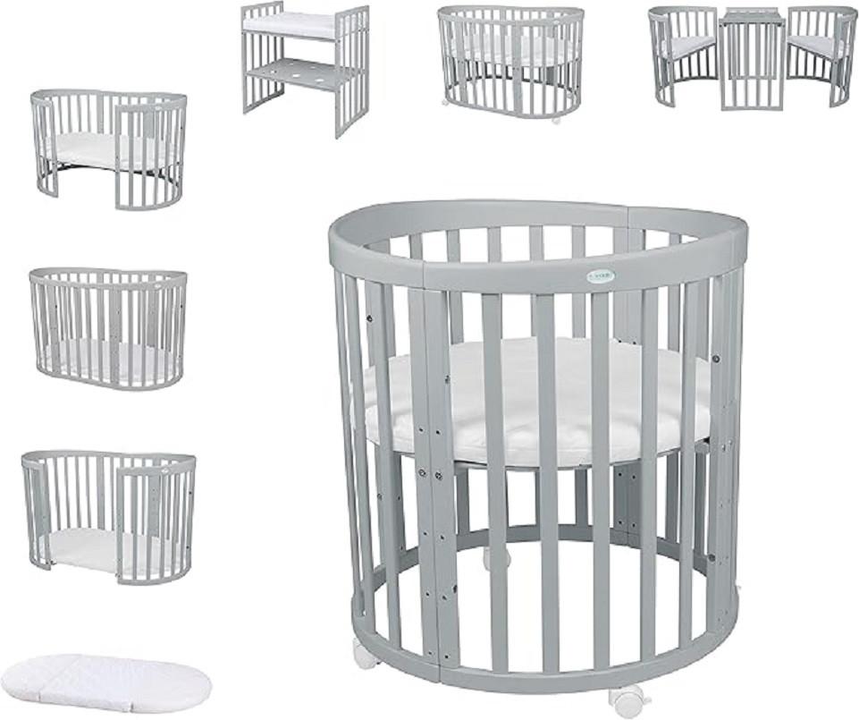 BABYBETT GREY OVAL 7in1 mit Matratze - Grau, Holz/Textil (73/125cm) - waldin