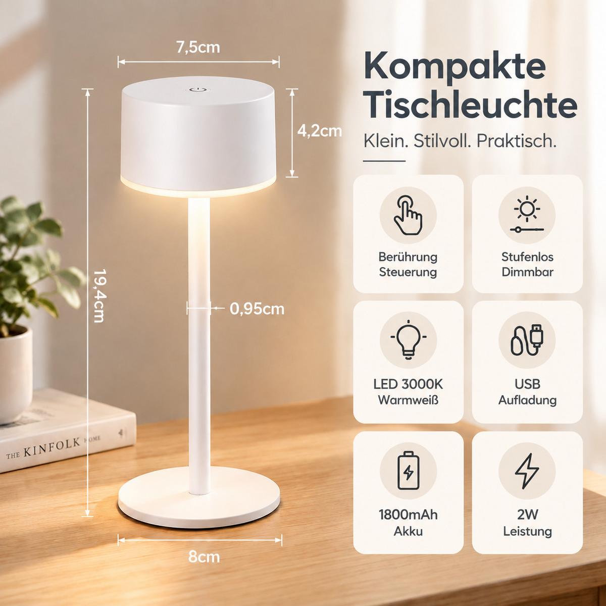 LED TISCHLAMPE Throvix 7.5/7.5/19.4 CM - Weiß, Kunststoff/Metall (7.5/7.5/19.4cm) - ZMH