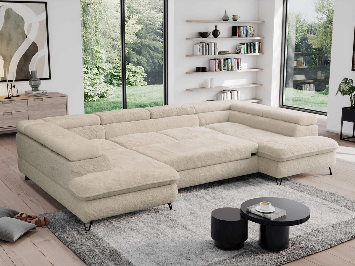 WOHNLANDSCHAFT PEDRO U Plüsch Ecru - Ecru/Schwarz, Textil/Metall (346/76/208cm) - MKS