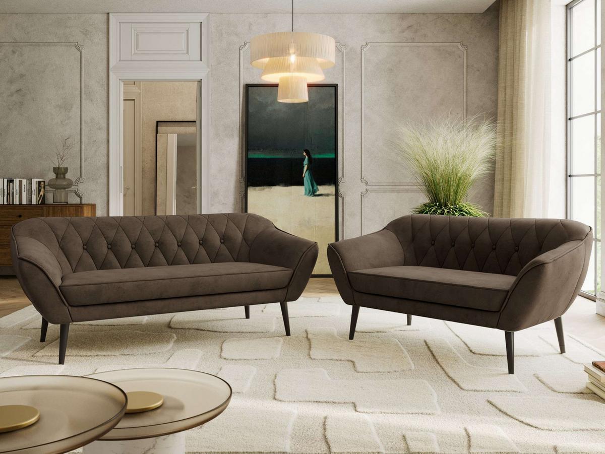 SITZGARNITUR PIRS 3+2 - Braun Velvet - Schwarze Beine - Dunkelbraun/Schwarz, Holzwerkstoff/Textil (180/75/74cm) - MKS