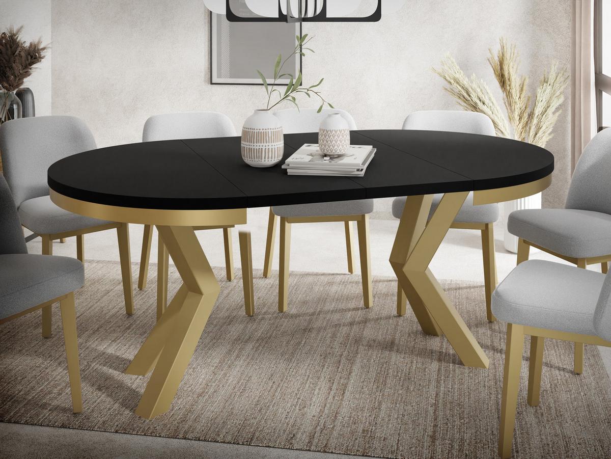 ESSTISCH Clara Gold runder ausziehbarer, Schwarz 120-200/120/76 cm - Goldfarben/Schwarz, Holzwerkstoff/Metall (120/196/76cm) - WFL GROUP