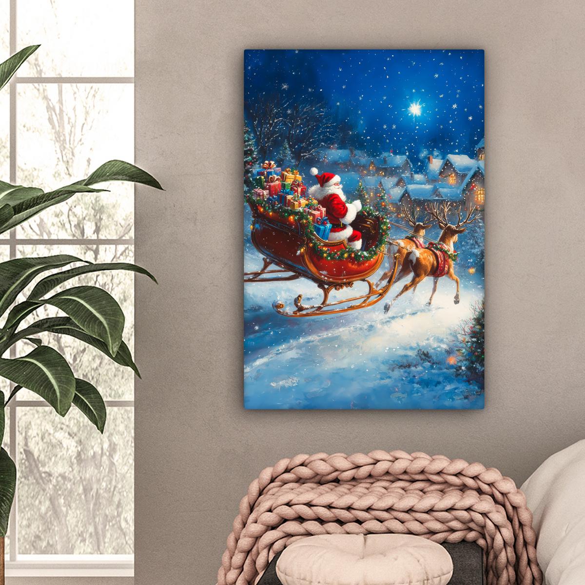 LEINWANDBILD Weihnachtsmann - Rentier - Weihnachten - Schnee Wanddeko 40x60 cm - Cognac, Textil (40/60cm) - MuchoWow
