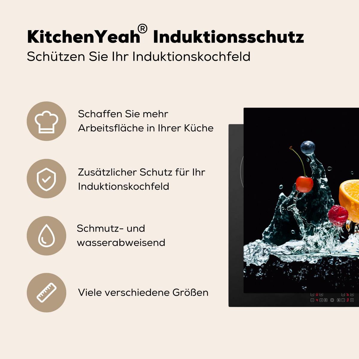 HERDABDECKPLATTE Wasser - Obst - Orange - Erdbeere - Kirsche - Schwarz Induktionsmatte 77x59 cm - Orange, Kunststoff (77/59/0.2cm) - MuchoWow