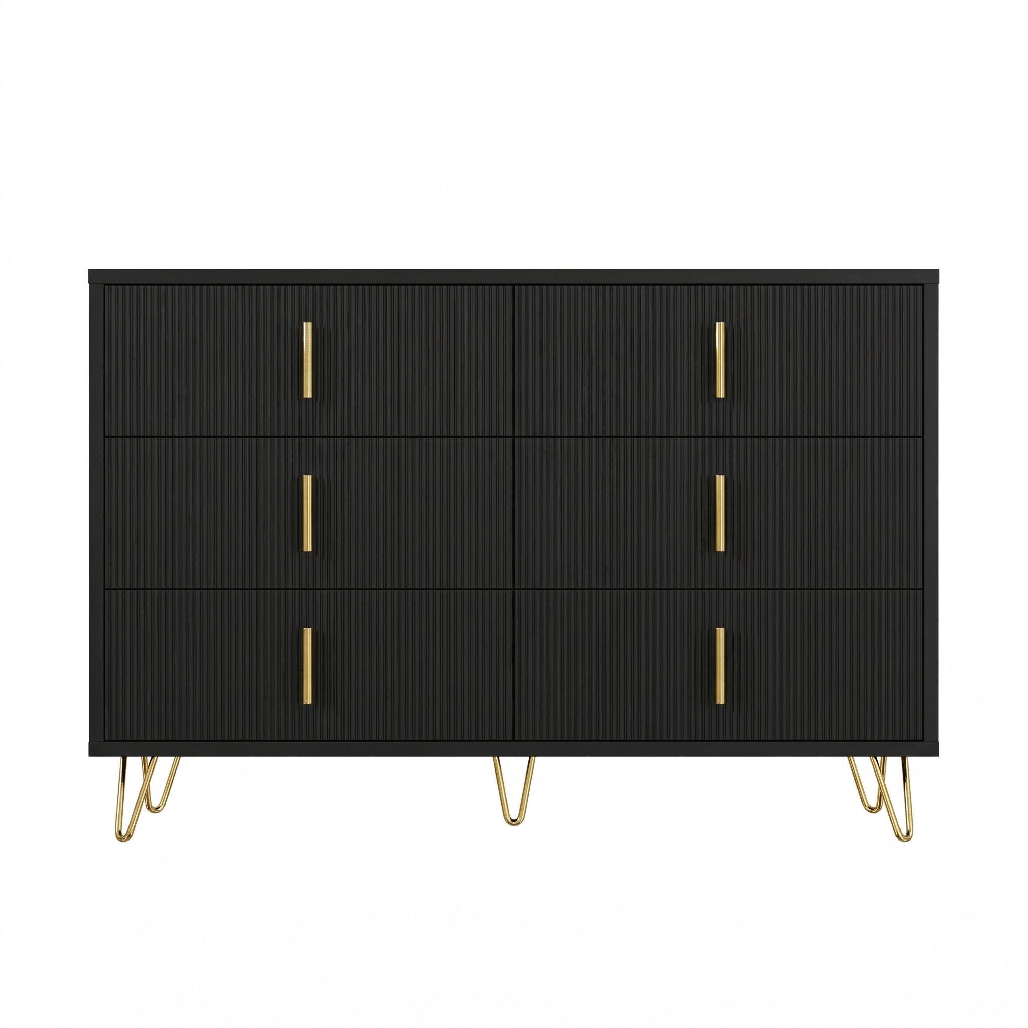 SIDEBOARD schwarz gold 120cm 6 schubladen modern - Schwarz, Holzwerkstoff (120/77/40cm) - Urban Meuble