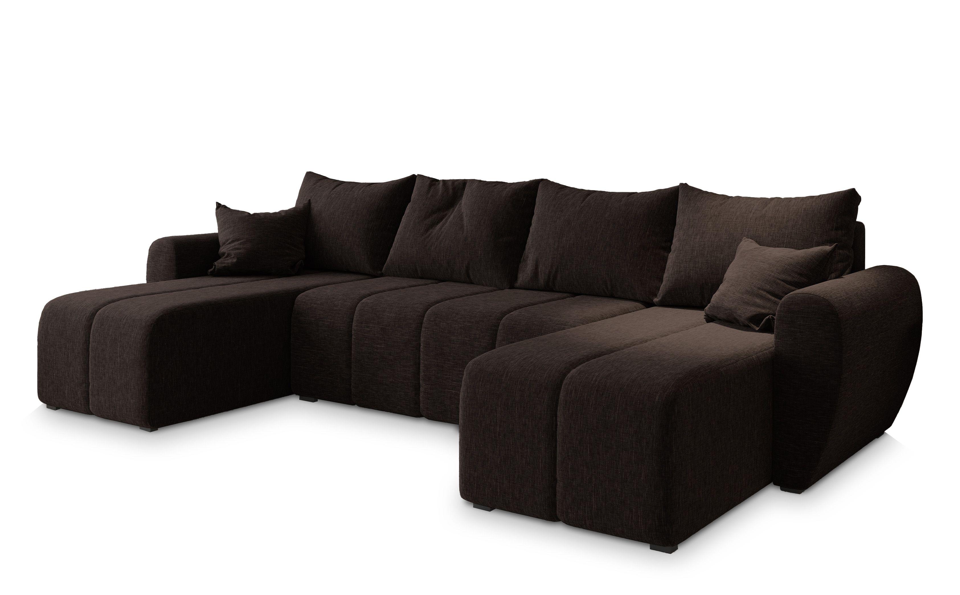 WOHNLANDSCHAFT MADISON U Braun Dünner Stoff mit Schlaffunktion - Schwarz/Braun, Holz/Kunststoff (311/82/145cm) - MASSENO