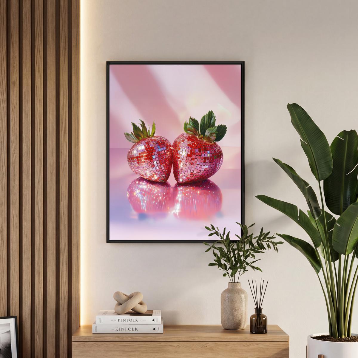 LEINWAND Bilder mit Rahmen - Disco - Obst - Glitzer - Erdbeere - 60x80 - Pink, Textil (60/80cm) - MuchoWow