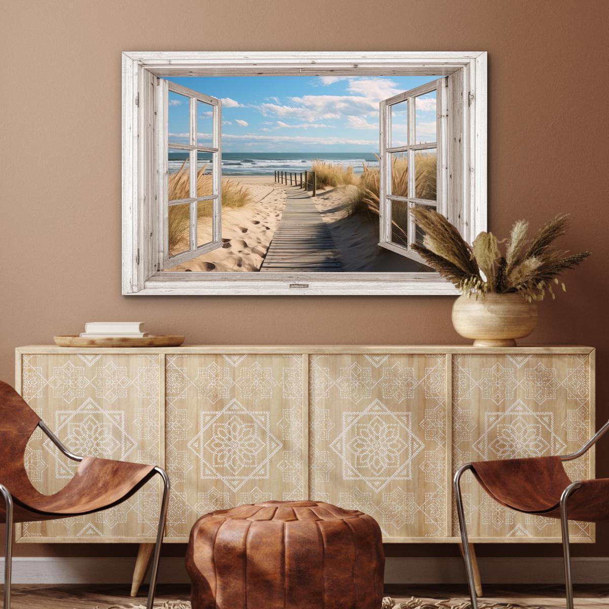 METALLBILD Fenster - Meer - Küste - Natur - Ausblick - Strand - Wattenmeer Wanddeko 90x60 cm - Beige, Metall (90/60cm) - MuchoWow