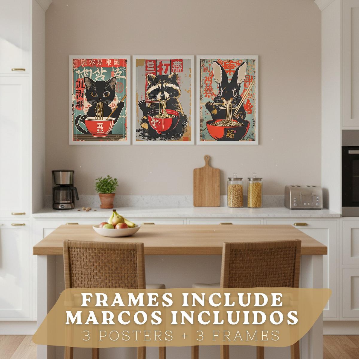 POSTER 3er Set Japanische Ramen Tier-Wandbilder Katze Waschbär und Hase Nudeln Küche Wanddeko Rahmenlos A4 - Weiß, Papier (29.7/1/21cm) - Nacnic