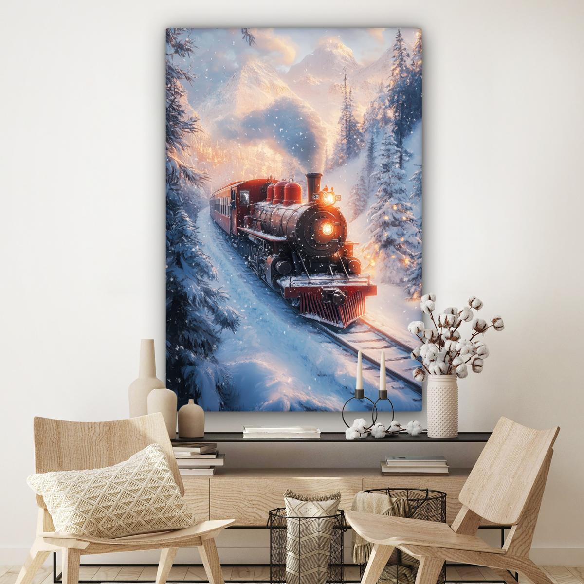LEINWANDBILD Weihnachtszug - Schnee - Winter - Weihnachten Deko Groß 90x140 cm - Dunkelrot, Textil (90/140cm) - MuchoWow