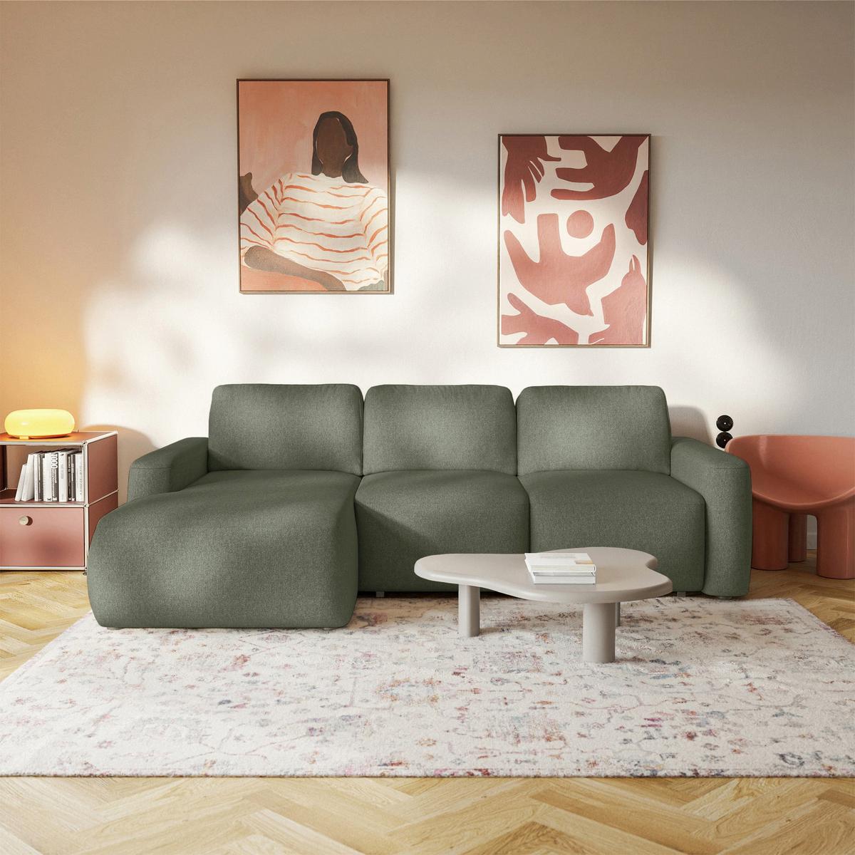 ECKSOFA Carnos Mini Olivgrün Chenille - Schwarz/Olivgrün, Kunststoff/Textil (238/164cm) - Selsey