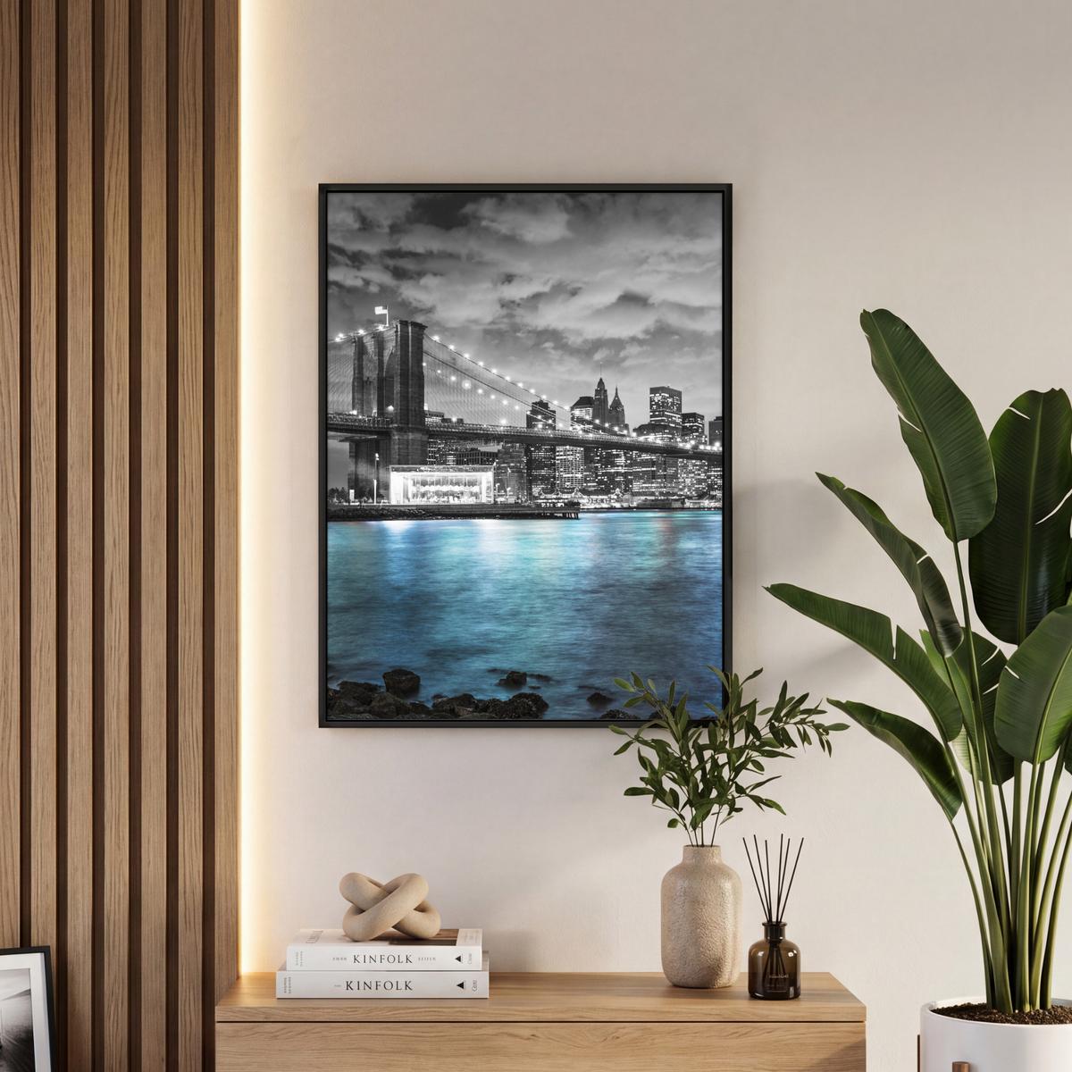 LEINWAND Bilder mit Rahmen - New York - Skyline - Stadt - Blau - 60x80 - Blaugrau, Textil (60/80cm) - MuchoWow