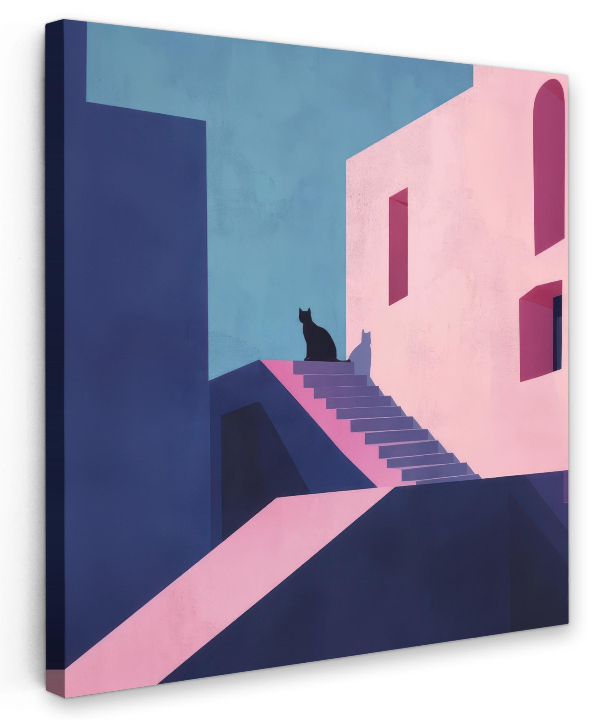 LEINWANDBILD Katze - Treppe - Gebäude - Schattenkontraste Deko Wohnzimmer 20x20 cm - Dunkelblau, Textil (20/20cm) - MuchoWow