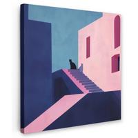 LEINWANDBILD Katze - Treppe - Gebäude - Schattenkontraste Deko Wohnzimmer 20x20 cm - Dunkelblau, Textil (20/20cm) - MuchoWow