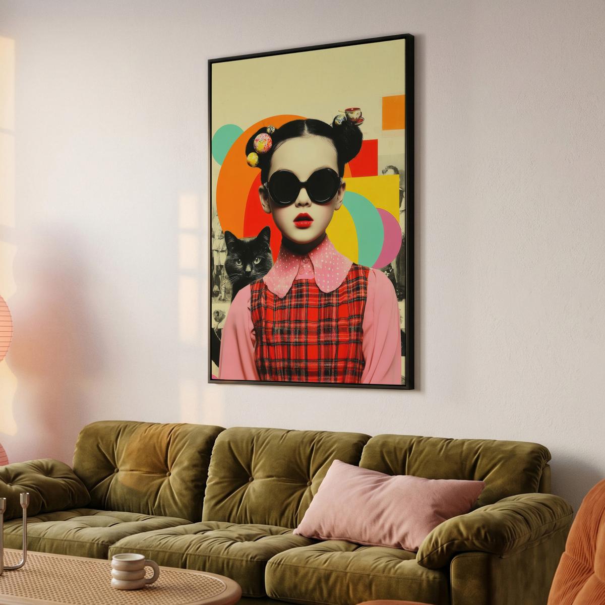 LEINWAND Bilder mit Rahmen - Mädchen - Sonnenbrille - Katze - Retro - 80x120 - Beige, Textil (80/120cm) - MuchoWow