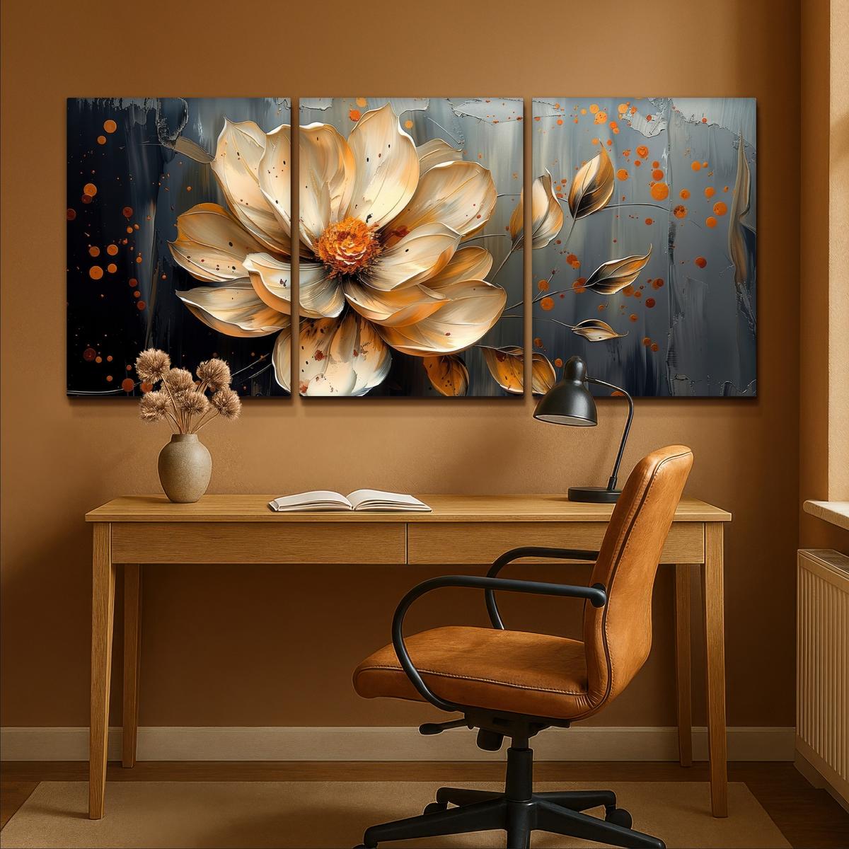 LEINWANDBILD 3er Set Blume - Gold - Abstrakt - Farbe 180x80 cm - Creme, Textil (180/80cm) - MuchoWow