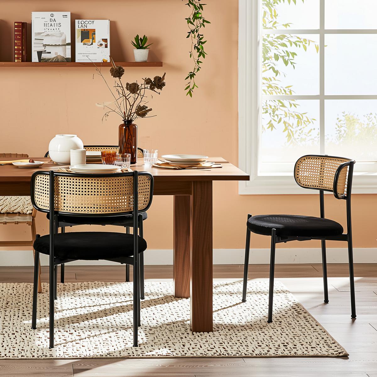 ESSZIMMERSTUHL Set 2er Schwarz Samt & Rattan Polsterstuhl mit Metallbeinen - Schwarz, Textil (51/75/51cm) - Urban Meuble