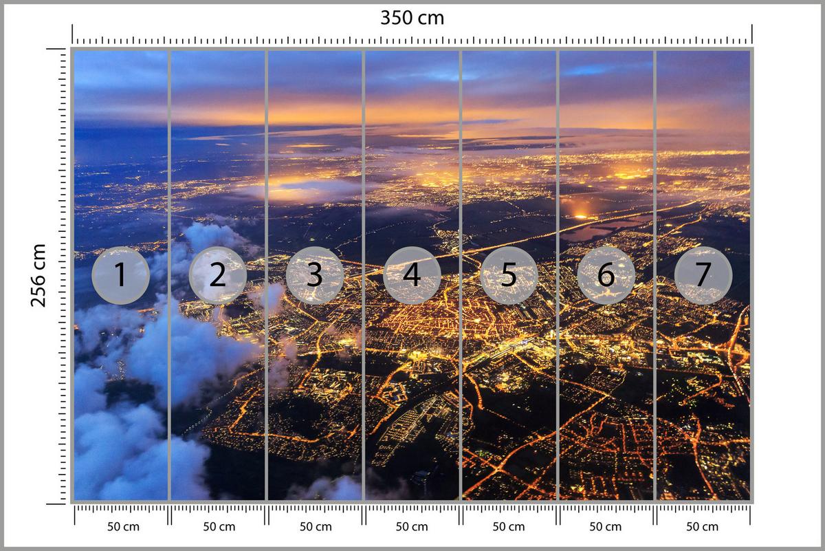 FOTOTAPETE für Wohnzimmer Vogelperspektive Beleuchtete Stadt Skyline 350x256 - Gelb/Orange, Papier (350/256cm) - Muralo