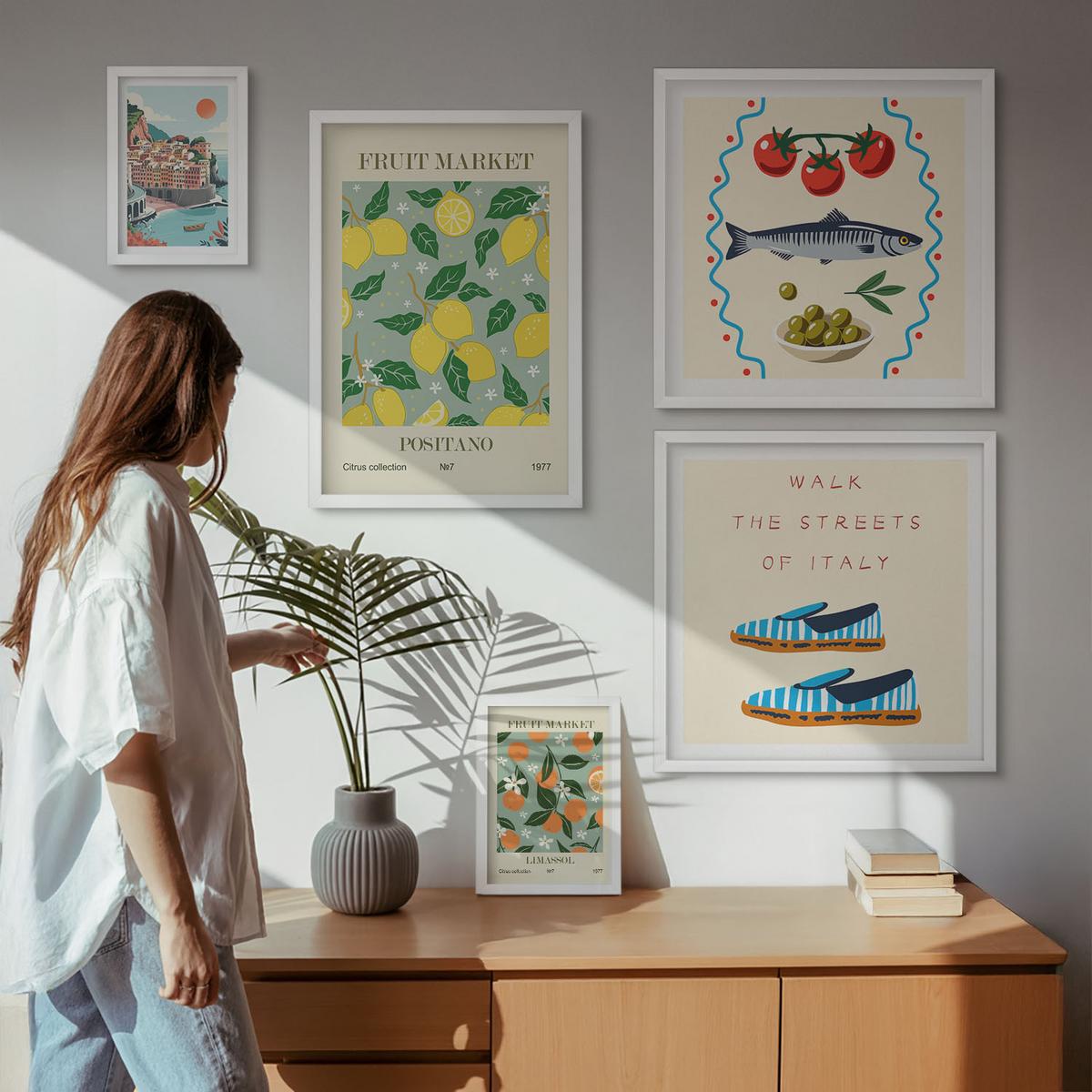 BILDER SET 5er Set - 50x50 cm & 20x30 cm & 40x60 cm Weißer Rahmen - Italienische Poster mit Fruchtmotiven - Weiß, Kunststoff (40/60cm) - TULUP