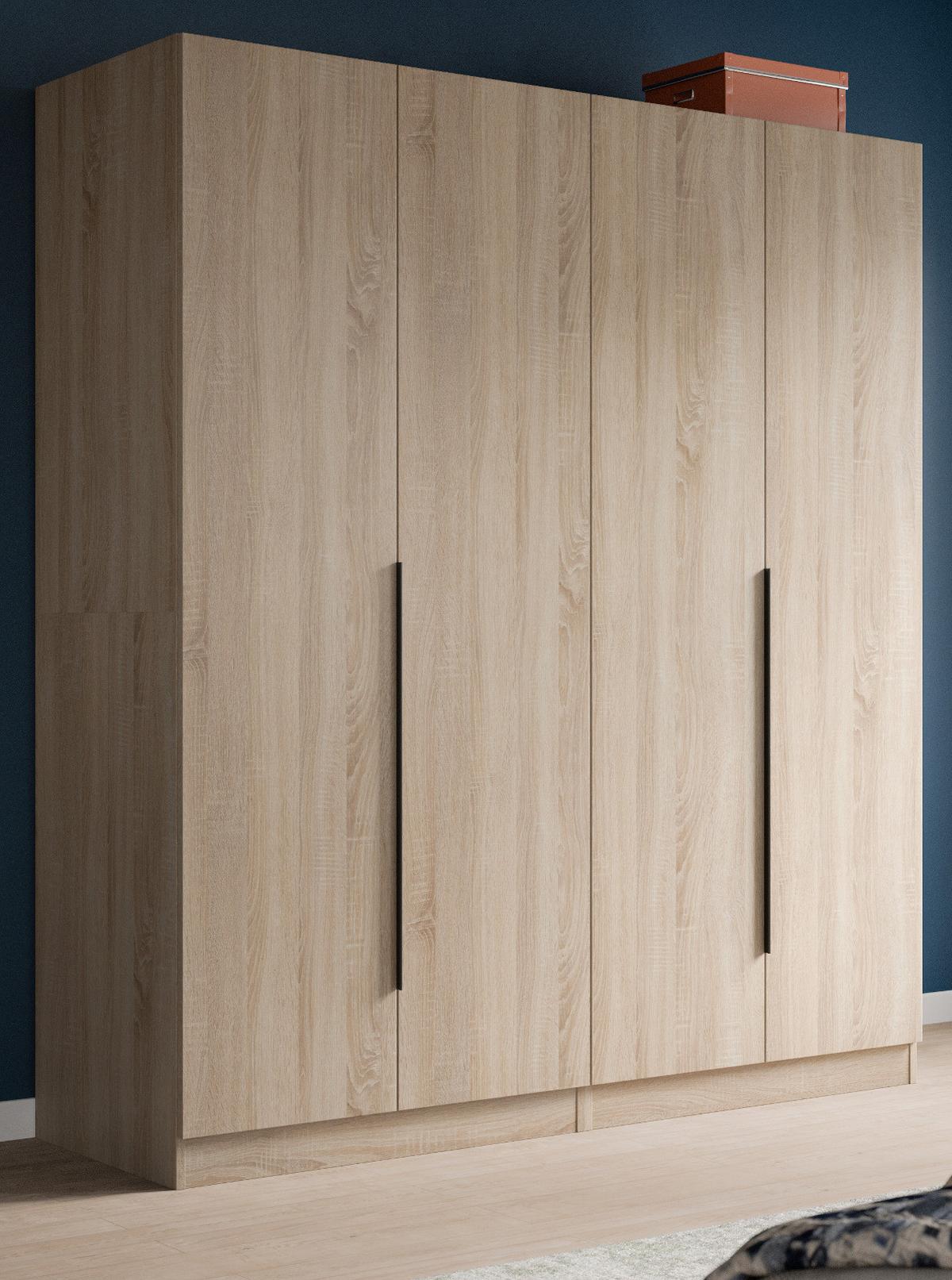 KLEIDERSCHRANK Eiche Sonoma 4-türig 160 x 181 cm, Drehtürenschrank mit Kleiderstange - Eichefarben/Schwarz, Holzwerkstoff/Kunststoff (160/181/52cm) - Inn.Furn