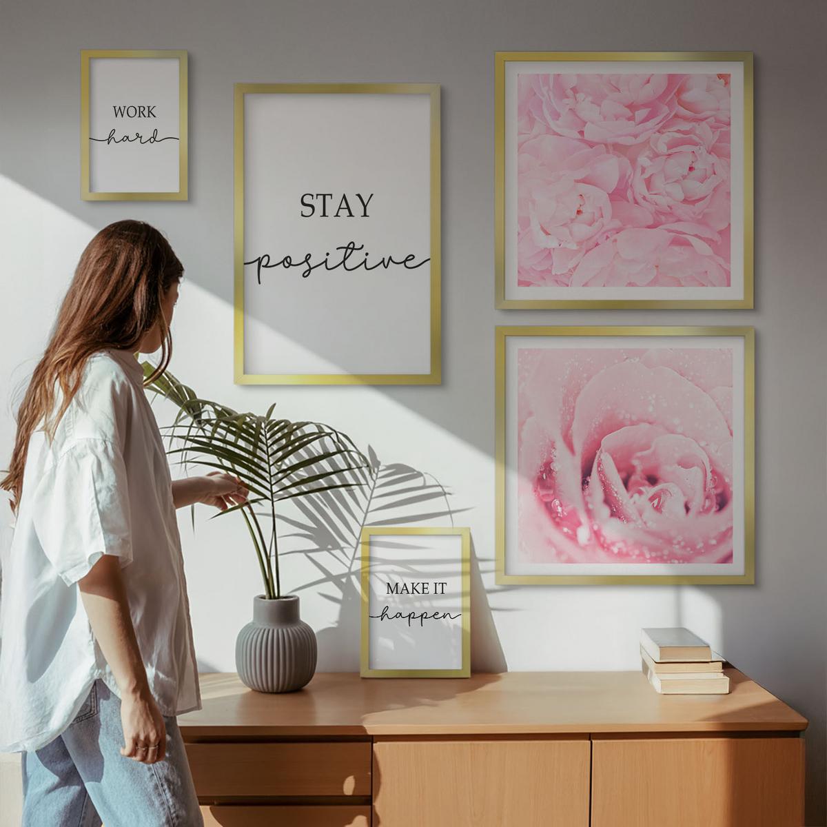 BILDER SET 5er Set - 50x50 cm & 20x30 cm & 40x60 cm Goldrahmen - Minimalistische rosa Blüten - Goldfarben, Kunststoff (40/60cm) - TULUP