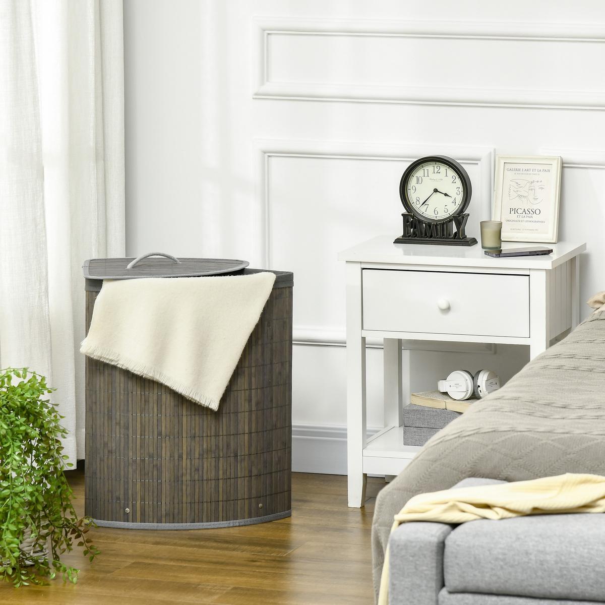 WÄSCHEKORB mit Deckel 55L, Bambus, Grau - Grau, Naturmaterialien (38/57/38cm) - HOMCOM
