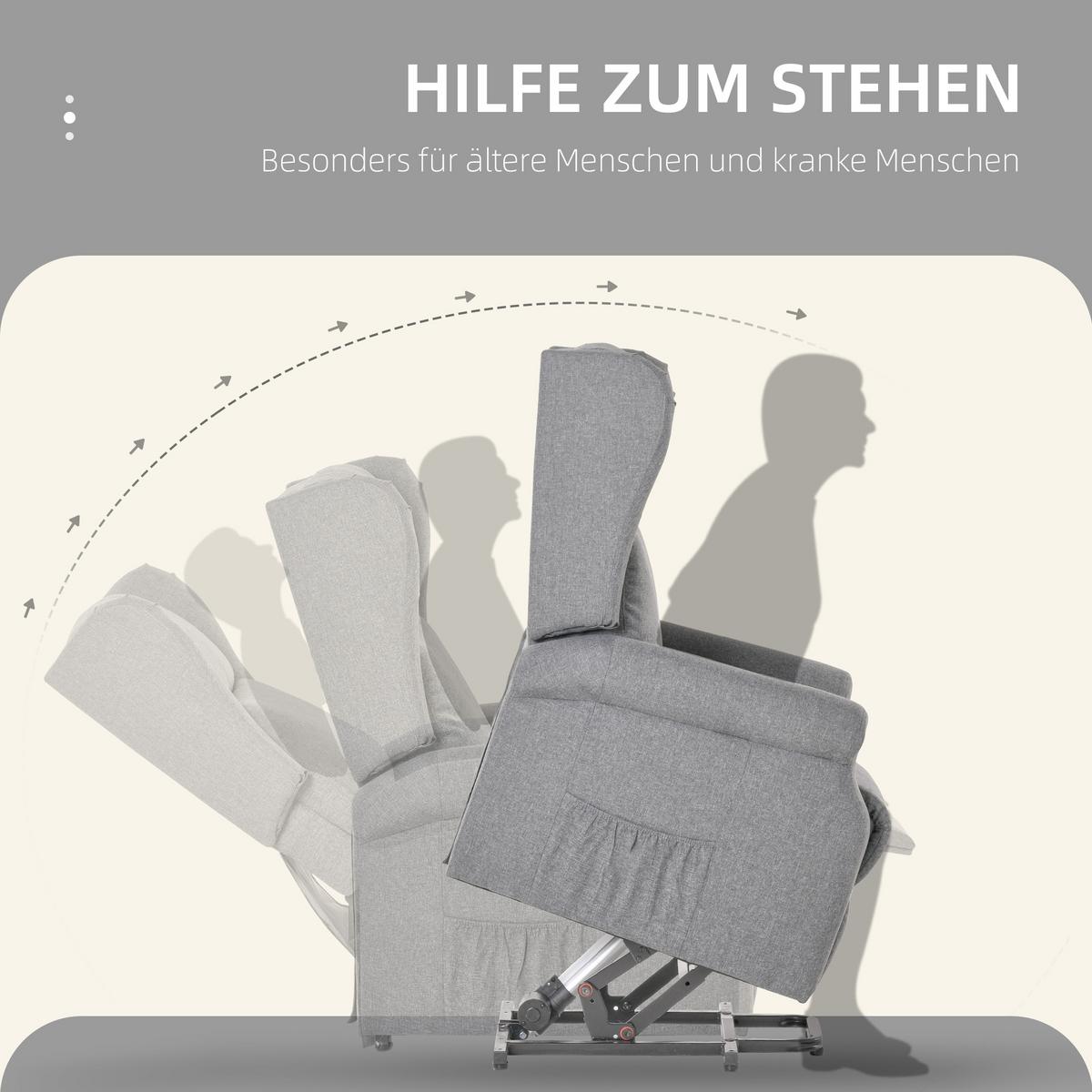 FERNSEHSESSEL mit Aufstehhilfe Leinen Grau - Schwarz/Grau, Holz/Textil (94/111/74cm) - HOMCOM