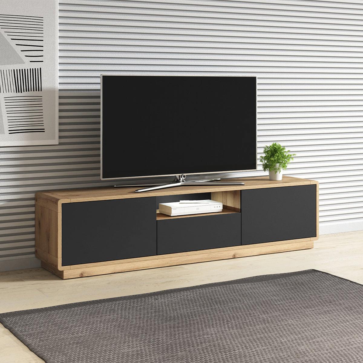 TV-MÖBEL Raven Mattschwarz und Holz - Schwarz, Holzwerkstoff (180/45/40cm) - Petits-meubles