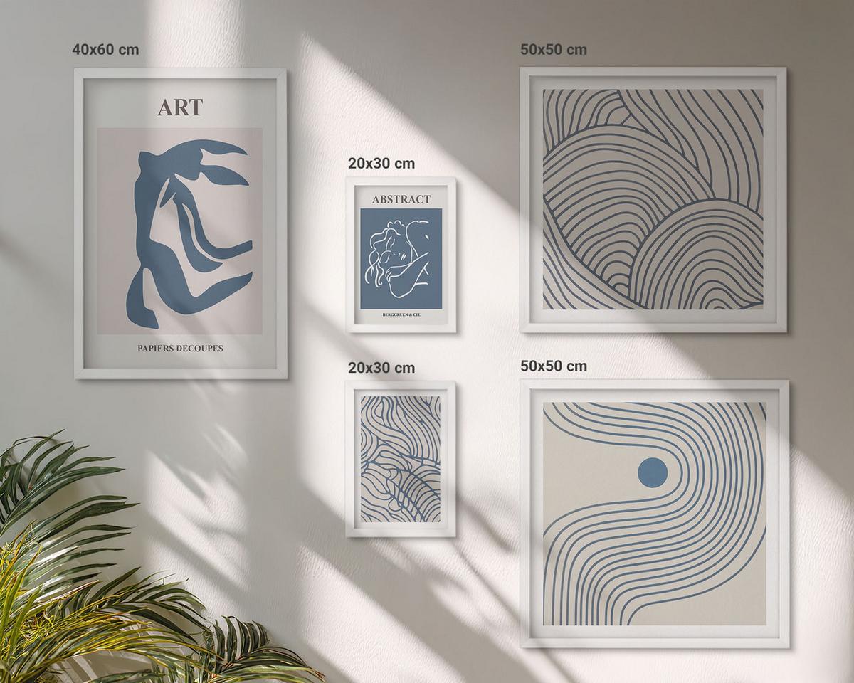 BILDER SET 5er Set - 50x50 cm & 20x30 cm & 40x60 cm Weißer Rahmen - Abstrakte blaue Linien - Weiß, Kunststoff (40/60cm) - TULUP
