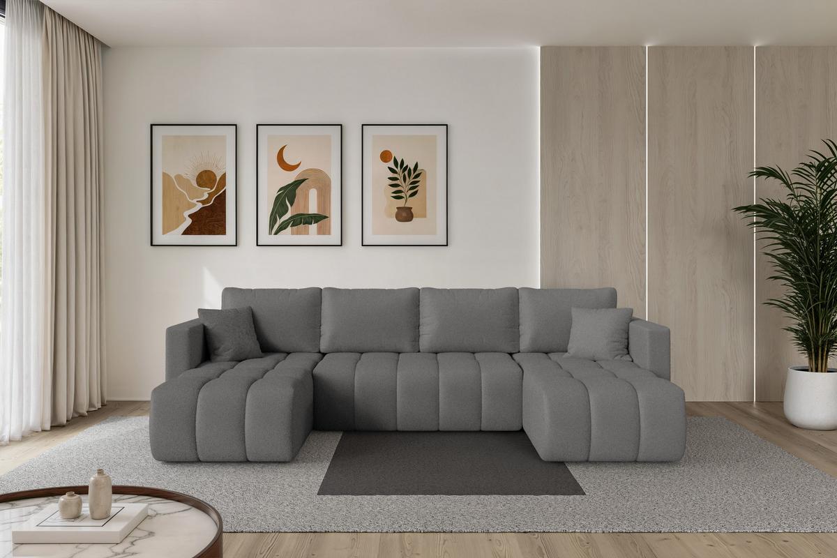 WOHNLANDSCHAFT mit Schlaffunktion und Bettkasten GARD-U 300x146x85 Grau Bouclé - Schieferfarben/Schwarz, Holzwerkstoff/Kunststoff (300/85/146cm) - ALTDECOR