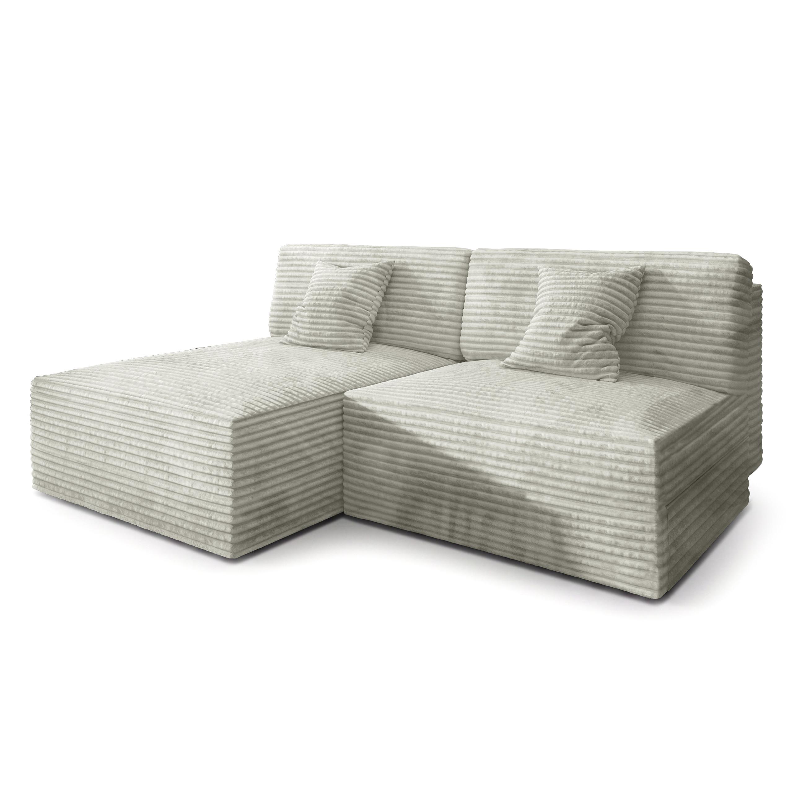 ECKSOFA FIORO Hellgrau Kordstoff mit Schlaffunktion - Silberfarben, Holz (204/148cm) - MASSENO