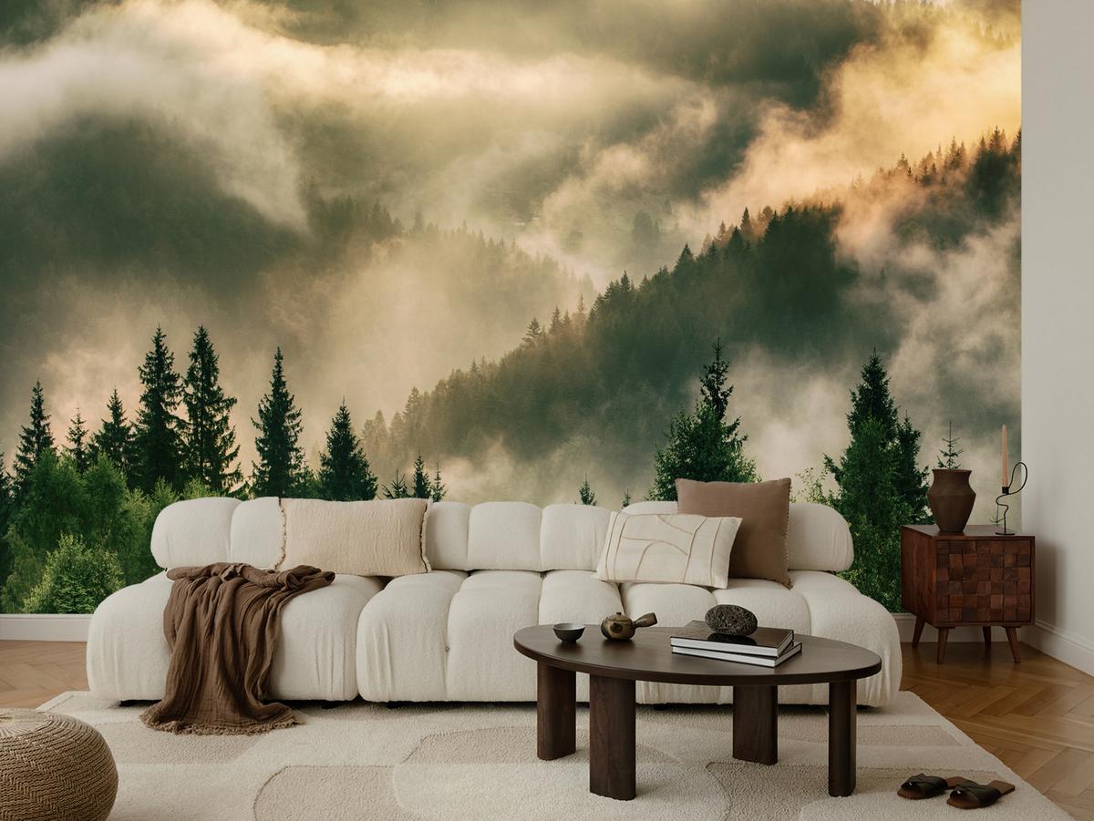 FOTOTAPETE für Wohnzimmer Neblige Landschaft Bergwald Nadelbäume 250x175 - Gelb/Orange, Papier (250/175cm) - Muralo