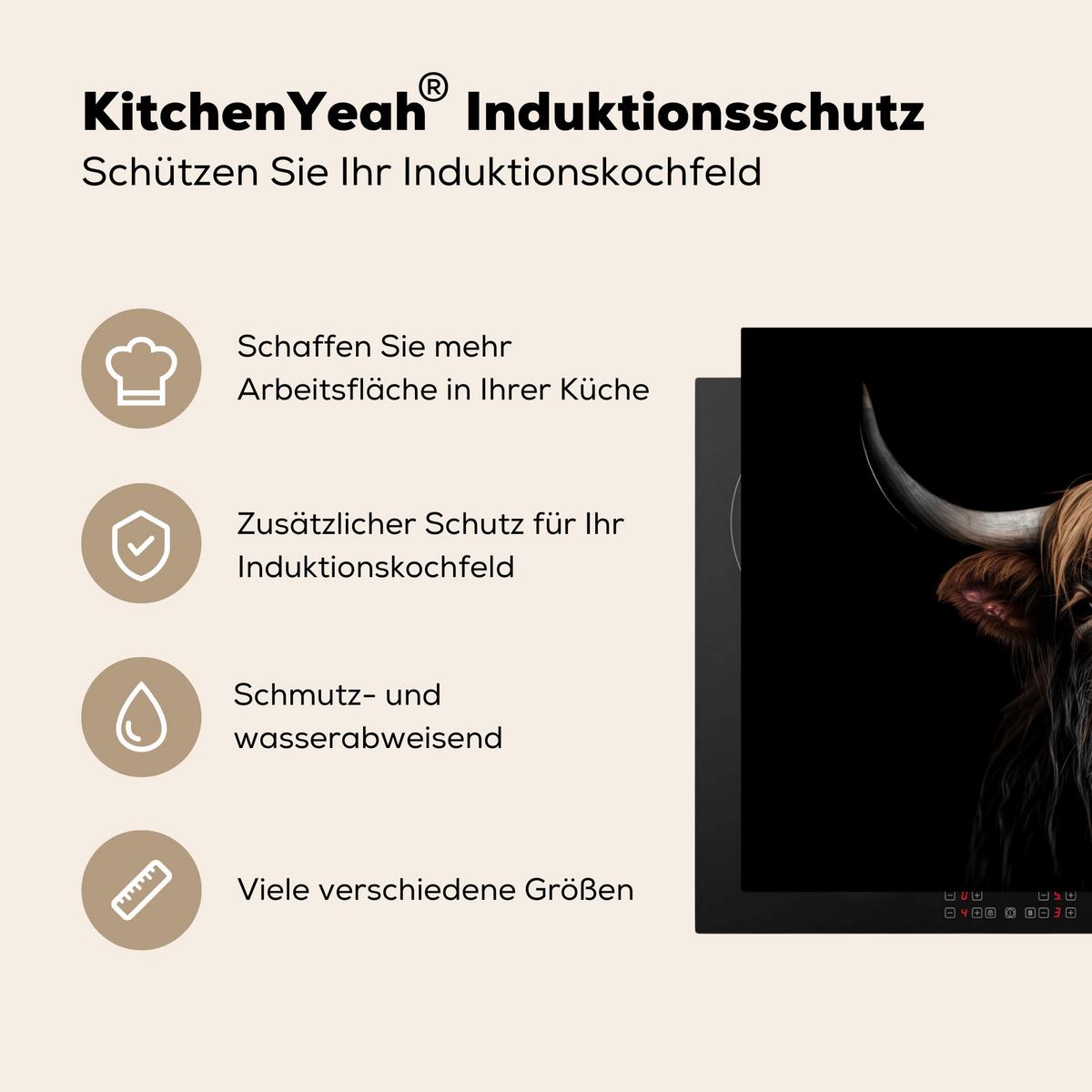 HERDABDECKPLATTE Schottischer Highlander - Porträt - Schwarz - Tier Abdeckung Ceranfeld 81.2x52 cm - Braun, Kunststoff (81.2/52/0.2cm) - MuchoWow