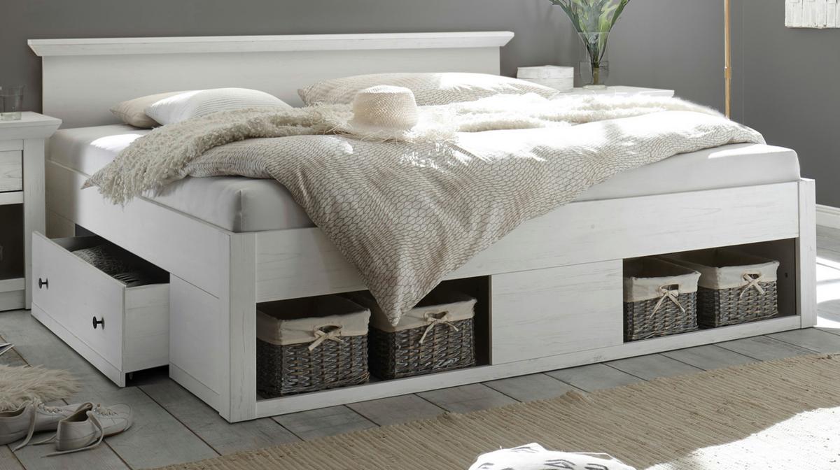 SCHLAFZIMMER 4-teilig Set Pinie weiß, Komplettset mit Doppelbett - Schwarz/Weiß, Glas/Holzwerkstoff (236/206/64cm) - Furn.Design