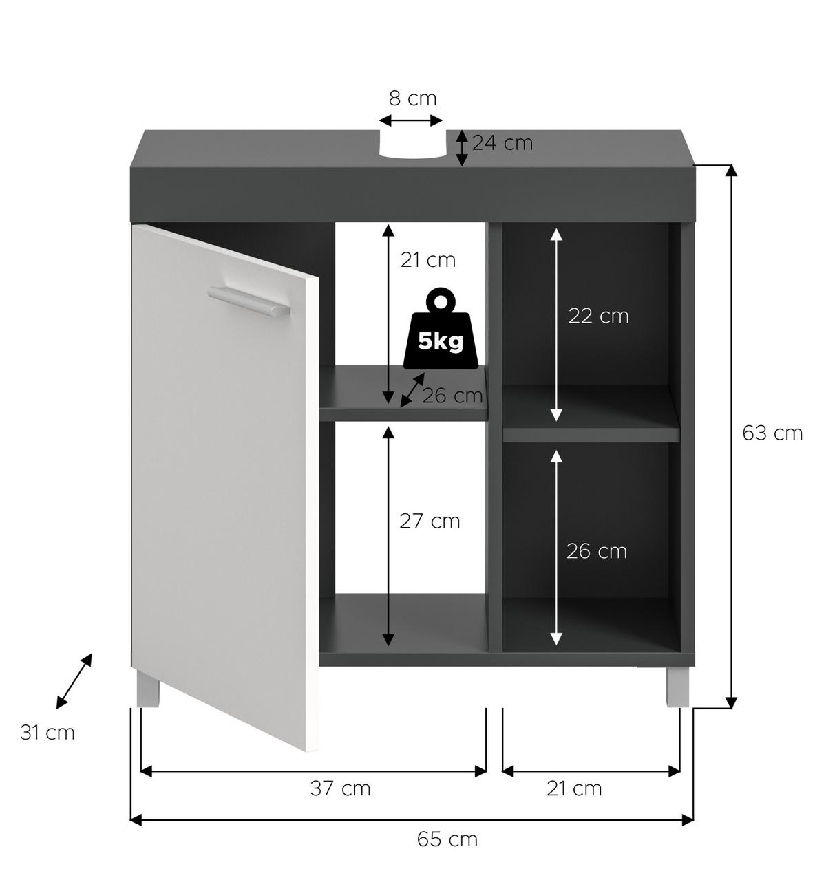 WASCHBECKENUNTERSCHRANK grau, weiß 65 cm, Unterschrank 1-türig - Silberfarben/Weiß, Holzwerkstoff/Kunststoff (65/63/31cm) - Inn.Furn