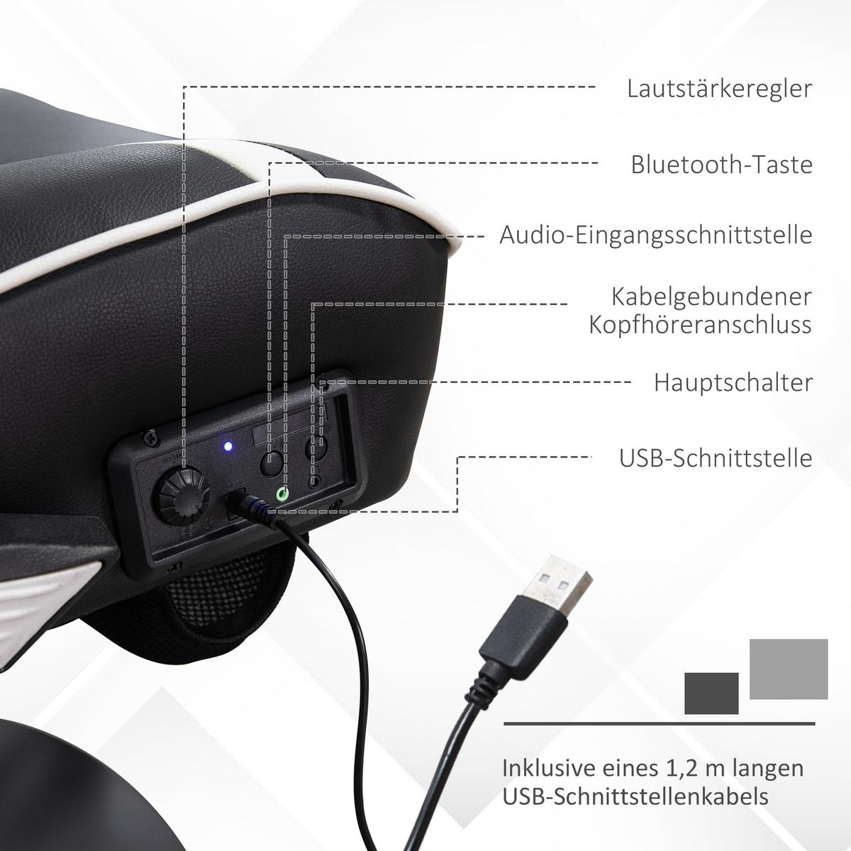 GAMINGSESSEL mit Wippfunktion Gaming Stuhl mit Lautsprecher Bürostuhl PU - Schwarz/Weiß, Leder (73/118/69cm) - Vinsetto