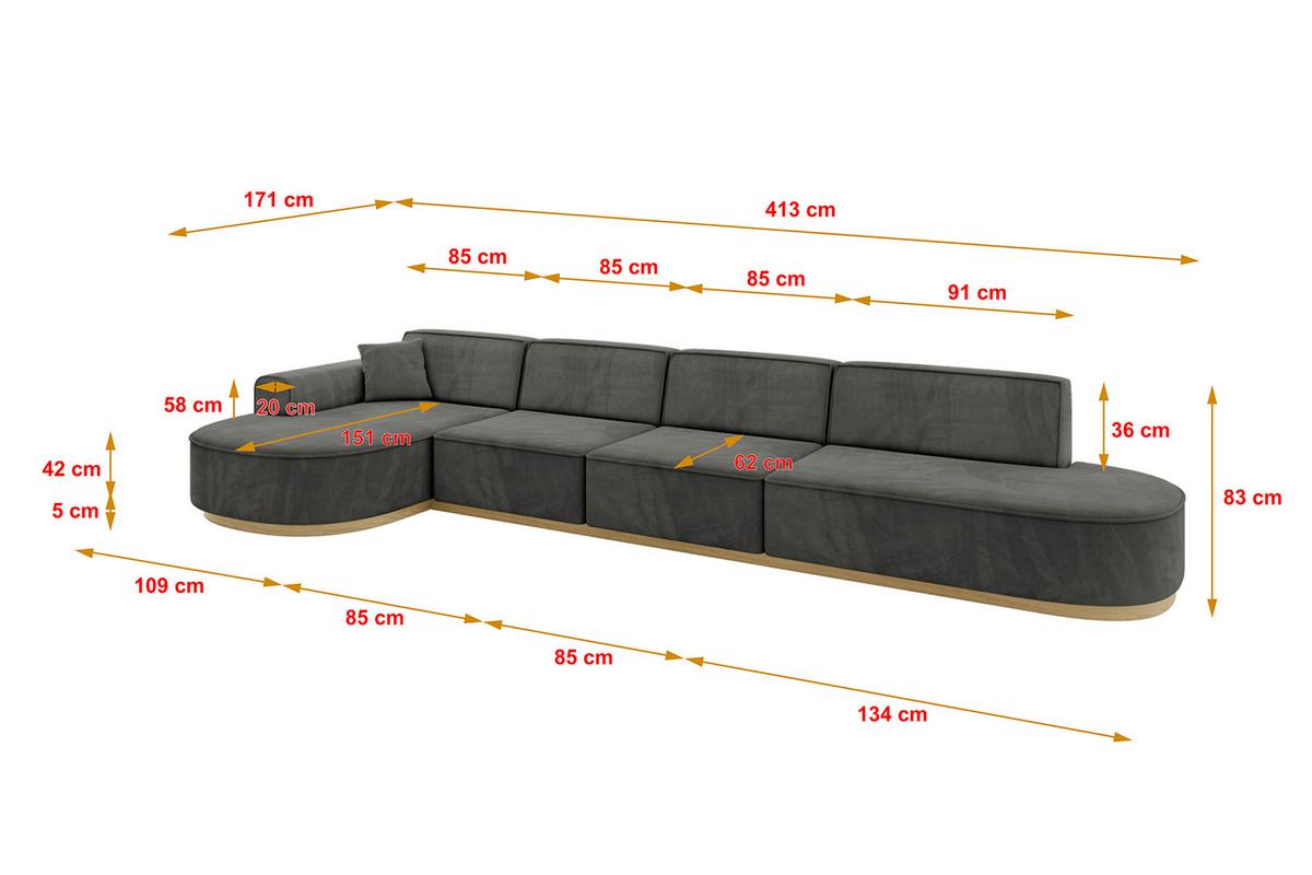 ECKSOFA Ottomane Links MARI-L3-v2 - 413x171x83 cm Dunkelgrau Velours - Dunkelgrau, Holzwerkstoff/Textil (413/171cm) - ALTDECOR