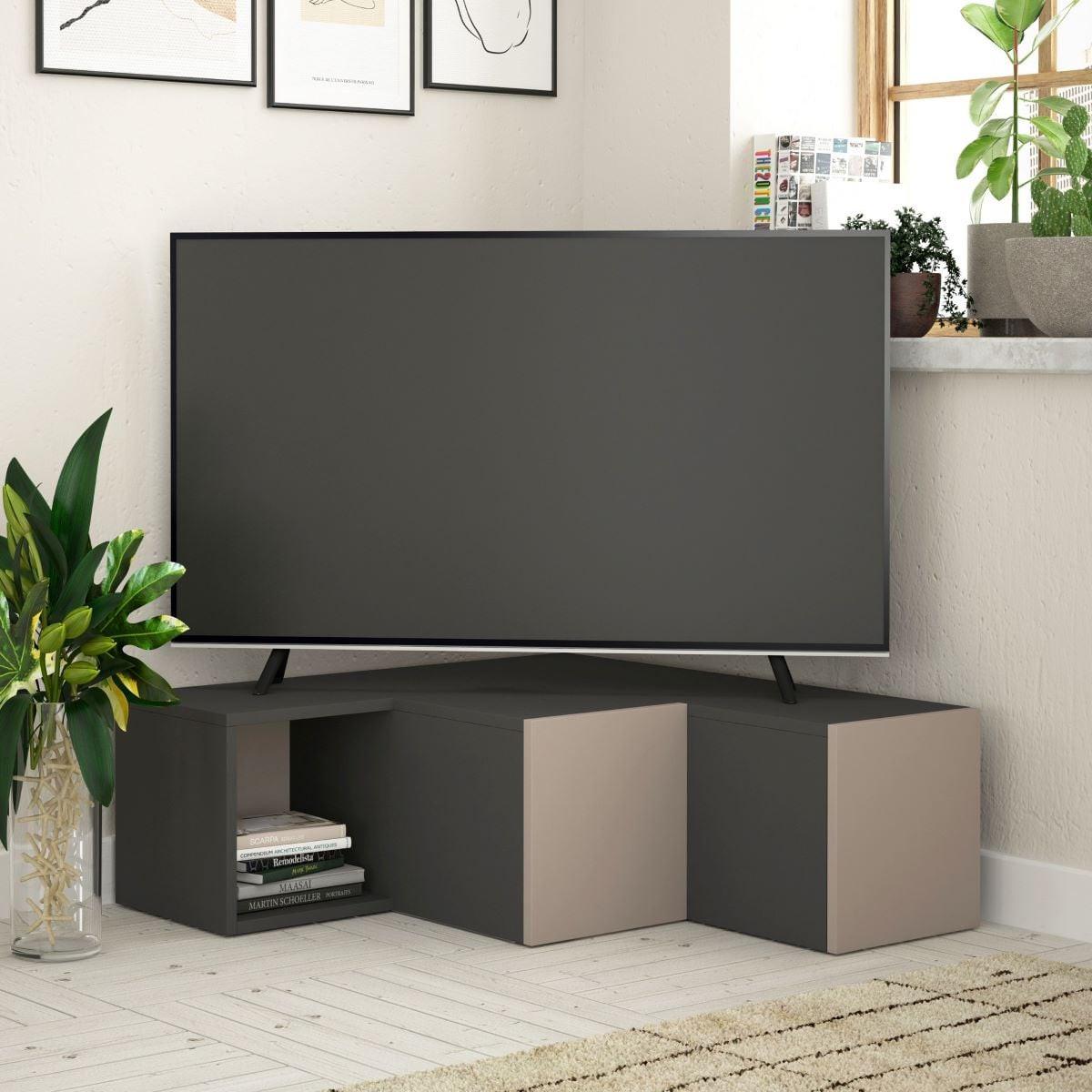 ECK-TV-MÖBEL mit 2 Schubladen und 1 Nische L90 cm - Compact - Anthrazit, Holzwerkstoff (92/32/18cm) - Calicosy