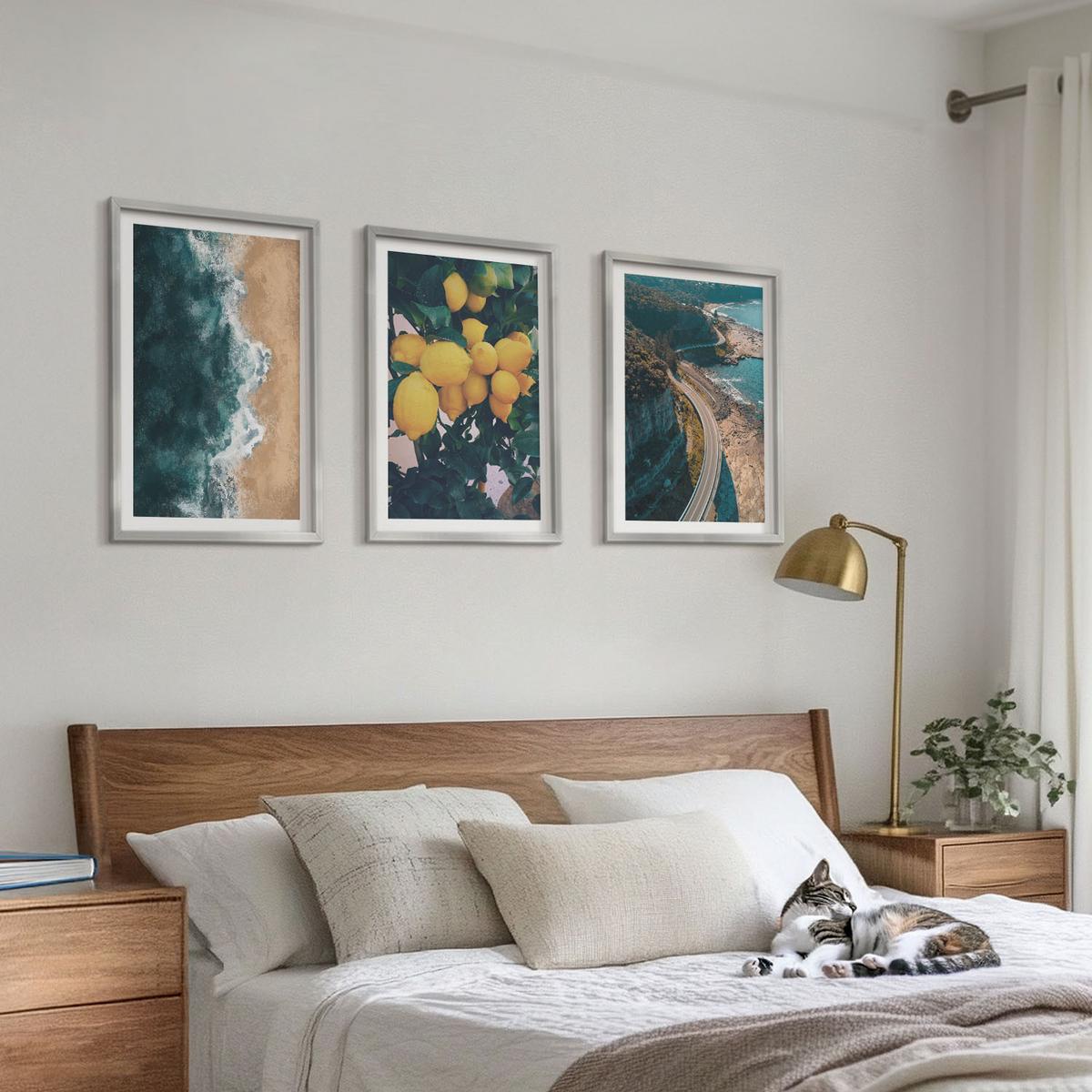 BILDER SET 3er Set - 40x60 cm Silberner Rahmen - Meerstrand Zitronen Berge - Silberfarben, Kunststoff (40/60cm) - TULUP