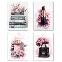 POSTER Set mit 4 Schminke, Schönheitsblumen, Tasche, Parfüm, Lippenstift A4 Rahmenlos - Klar, Papier (29.7/3cm) - Nacnic